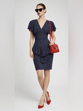 V-Neck Navy Dot Ruffled Midi Dress